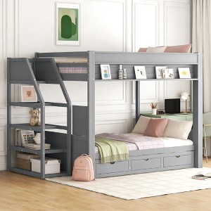 Luxystar Full Size Convertible Bunk Bed with 3 Drawers, Storage Staircase and Bedside Table, Gray - 1 of 4