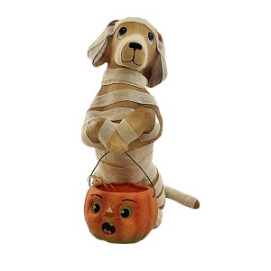 Bethany Lowe 12.0 Inch Mummy Puppy Paper Mache Halloween Pumpkin Bucket Animal Statues - 1 of 3