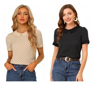 Allegra K Women's Peter Pan Collar Keyhole Back Vintage Polka Dots Blouses 2 Packs - 1 of 4