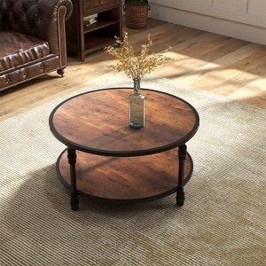 Round Coffee Table for Living Room,  2-Tier Wood Circle Coffee Table with Sturdy Roman Column Metal Legs,Rustic Center Table with Storage Shelf - 1 of 4