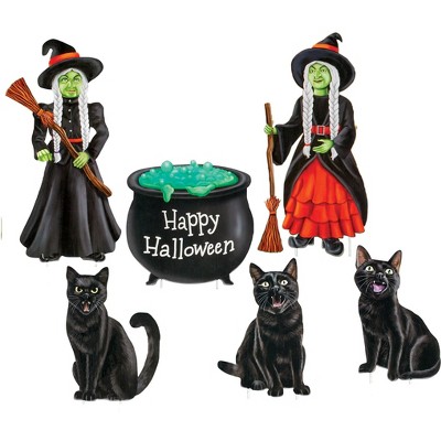Collections Etc Happy Halloween Witches and Black Cats Stakes - Set of 6 Black