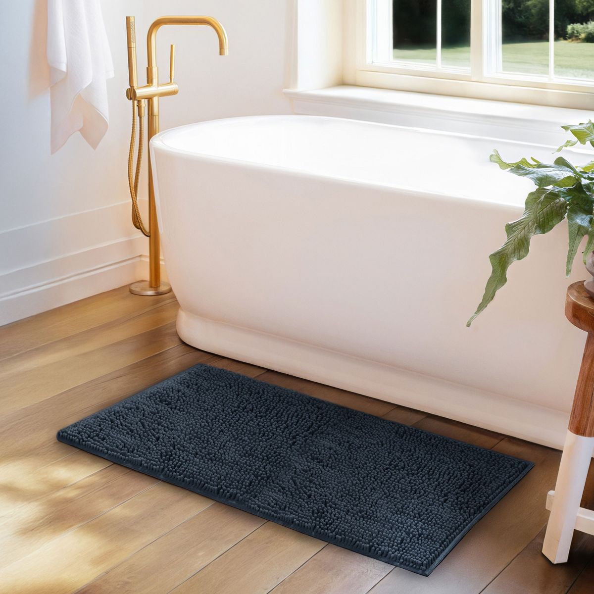 Soft Absorbent Chenille Bath Mat Rug with Anti-Skid Rubber Backing - Becky Cameron, Navy, 34 in x 21 in