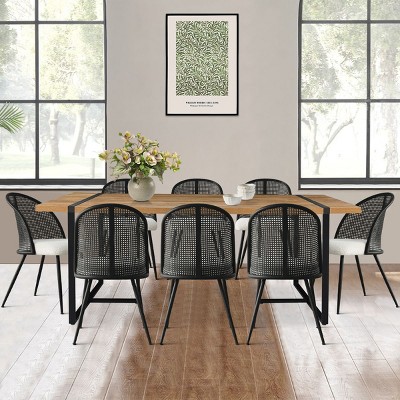9-piece Dining Table Set for 8, 79'' Rectangle Table with 8 Boucle Fabric Rattan Backrest Chair for Dining Room, Indoor Furniture - Maison Boucle