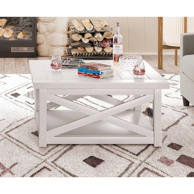 Seaside Lodge Square Off-White Wood Coffee Table with Open Storage