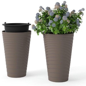 Resenkos Set of 2 Decorative Flower Pots, Includes Insert Buckets and Handles for Easy Planting, Brown/Gray - 1 of 4