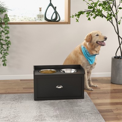 Black Elevated Dog Feeding Station with Storage Drawer and Stainless Steel Bowls