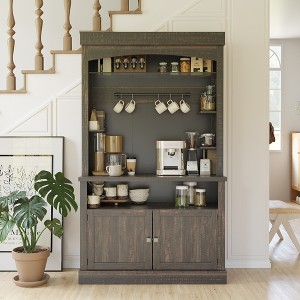 72"Farmhouse Kitchen Sideboard,Coffee Bar Cabinet with LED,Tall Buffet Cabinet with Microwave Stand/Wine Rack/Glass Shelf Dining Room - 1 of 4