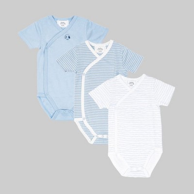 Image of Stellou & Friends Unisex Crossbody Side Snap Onesies - Cotton Bodysuit - 3-pk - Blue Solid & Stripes / 3-6 Months