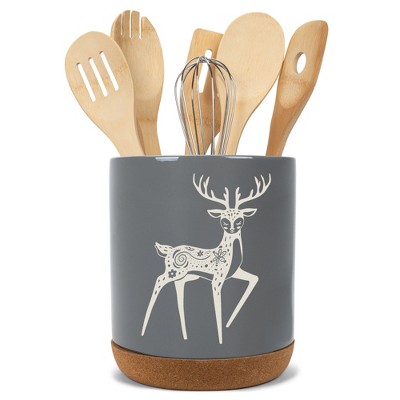 Elanze Designs Kitchen Utensil Holder With Non Slip Cork Base Large 8 Inch Ceramic Storage Crock Forest Animal Countertop Organizer Graceful Floral