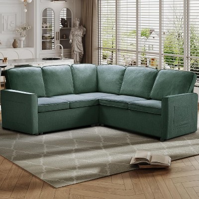 Vipbear Large L Shaped Sectional Sofa with Pull Out Bed,78'' Premium Linen Modular Sectional Couch,Convertible Sleeper Sofa Bed - Beige/Gray/Green