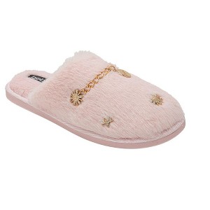 bebe Women’s Slippers - Plush House Slippers with Faux Fur and Gold Chain Accent - 1 of 4