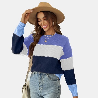 Women's Long Sleeve Colorblock Knit Round Neck Sweater-Cupshe