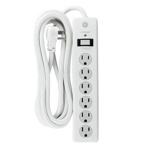 GE 6 Outlet Surge  Protector with 8' Extension Cord Twist To Close Safety Covers White - 1 of 4