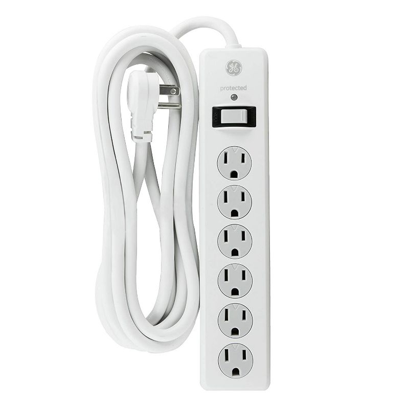 GE 6 Outlet Surge  Protector with 8&#39; Extension Cord Twist To Close Safety Covers White, 1 of 7