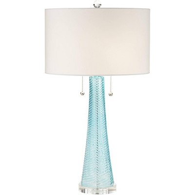 Possini Euro Design Modern Table Lamp Light Aqua Blue Textured Glass White Drum Shade for Living Room Family Bedroom Bedside