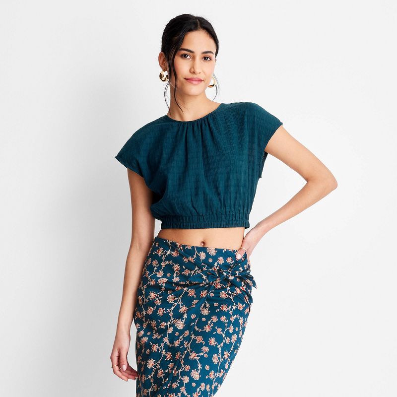 Women's Short Sleeve Cinched Crop Top - Future Collective™ with Jenny K. Lopez Teal, 1 of 6