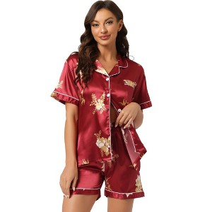 cheibear Women's Prints Button Down Shirt Shorts Satin Pajama Set 2 Pcs - 1 of 4