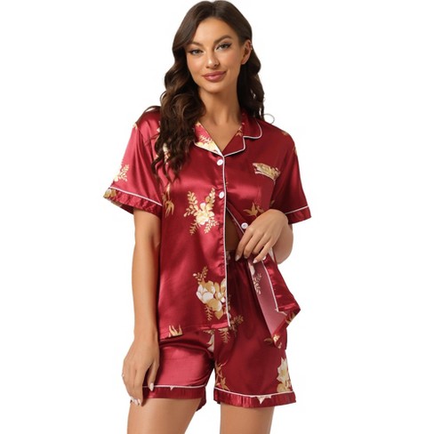Cheibear Women's Floral Button Down Shirt Shorts Satin Pajama Set 2 Pcs  Reds X-large : Target