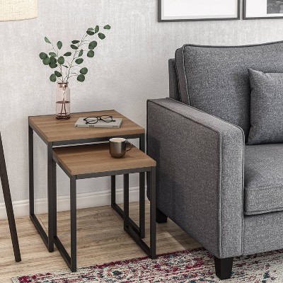 Set of 2 Brown Wood and Black Metal Square Nesting Side Tables