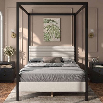 White Queen Canopy Bed with Upholstered Headboard and Wood Frame