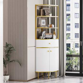 74.8"H Tall Corner Bookshelf, Fan-Shaped Wooden Standing Bookcase with Drawer and Cabinet 4M, White -ModernLuxe