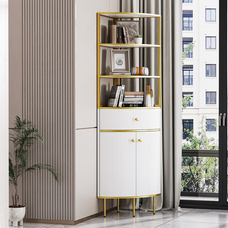 74.8"H Tall Corner Bookshelf, Fan-Shaped Wooden Standing Bookcase with Drawer and Cabinet 4M, White -ModernLuxe, 1 of 16