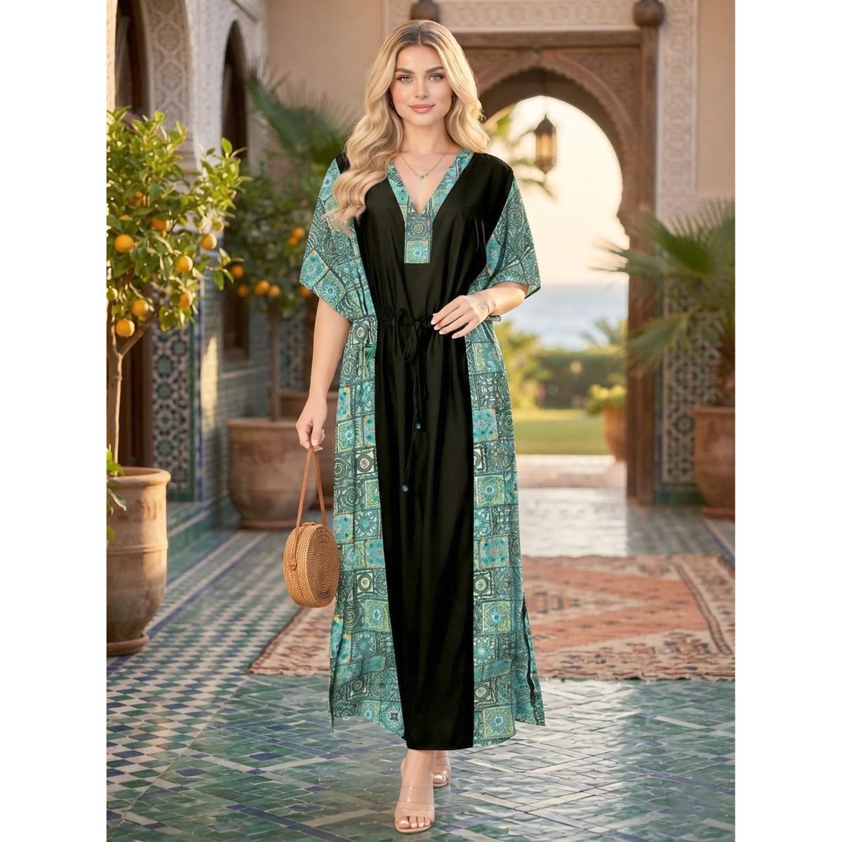 LA LEELA Summer Rayon Blend Beach Caftan Dress for Women Resortwear Vacation Cruise Holiday Travel Loungewear Cover Up 2X-3X Green Floral - thumbnail 3