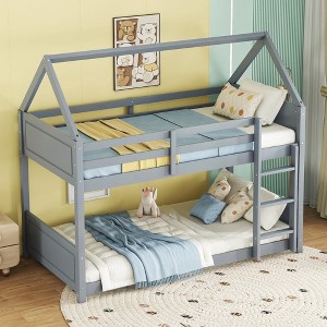 Whisen Twin Over Twin Wooden House Floor Bunk Bed with Headboards and Safety Guardrails, Ladder - Grey - 1 of 4