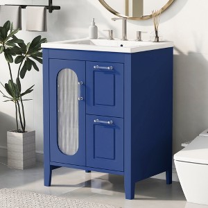 ORRD 24" Blue Bathroom Vanity with Sink, Solid Wood & MDF Cabinet with 2 Drawers, Door & Adjustable Shelf - 1 of 4