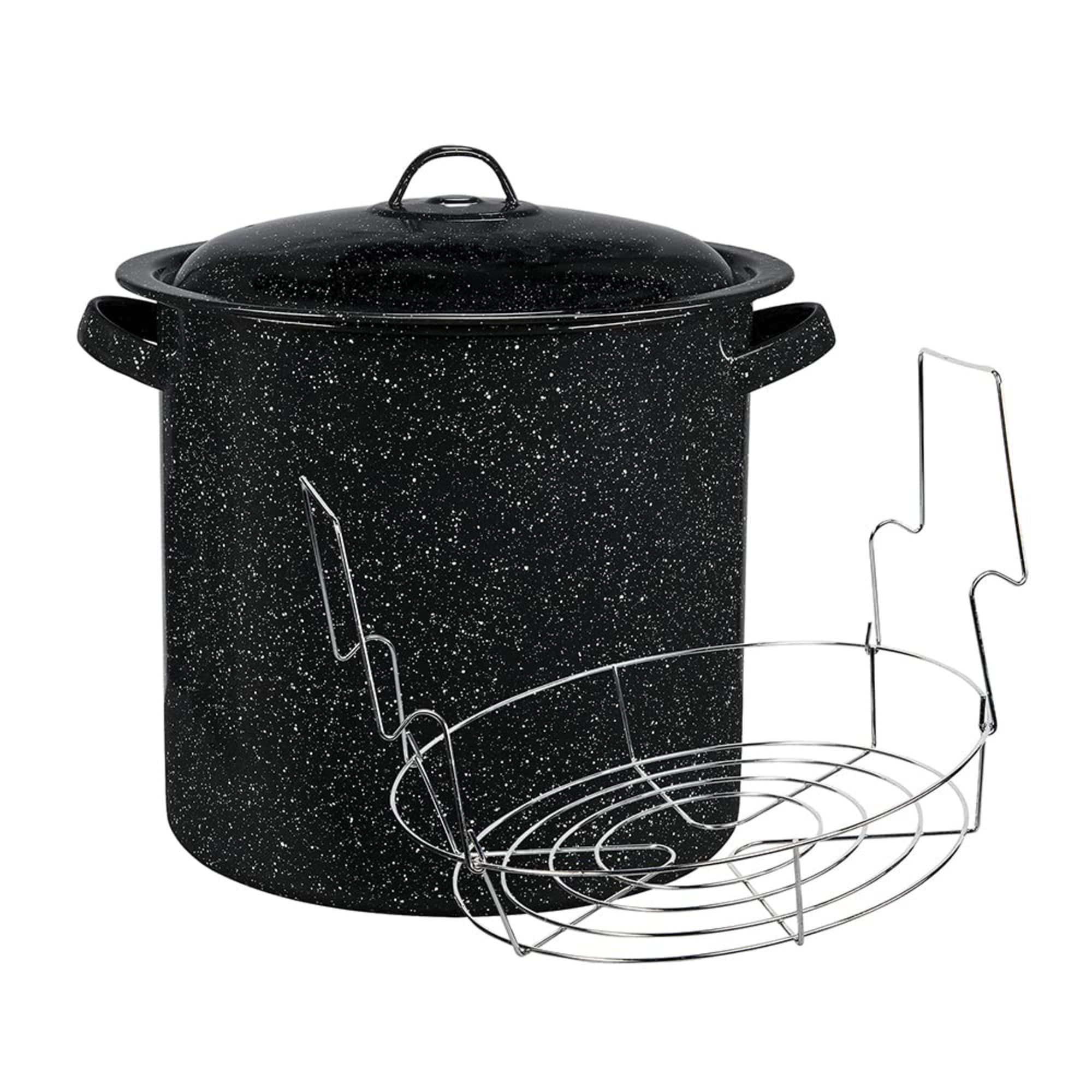 Granite Ware Water Bath Canner with Collapsible Jar Rack, 15.5 Quarts - Durable Enamel Steel Pot - Safe for Gas & Electric Stovetops (Speckled Black)