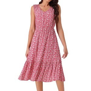 INSPIRE CHIC Women's Summer Boho Beach V Neck Sleeveless Floral Flowy Tiered Midi Dress with Pockets - 1 of 4