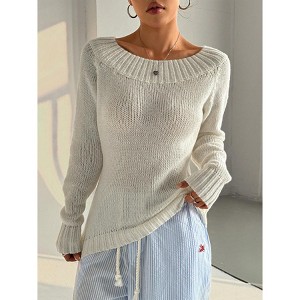 Women's Round Neck Sweater Casual Long Sleeve Knit Top Pullover Fall Top - 1 of 4