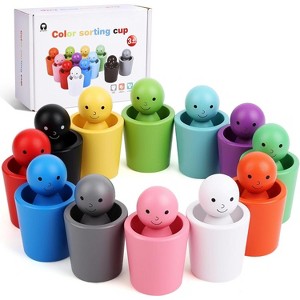 12-Piece Color Sorting Cups, Wooden Sensory Stacking Toy for Preschool Learning Ages 2-4 - 1 of 4