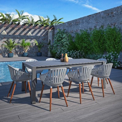 Halesworth 9pc Aluminum Patio Dining Set with Rectangular Table & Dark Teak Chairs - Amazonia