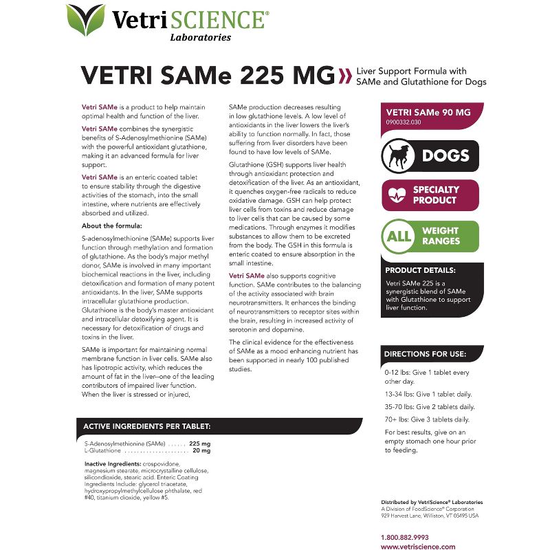 Vetriscience Vetri-SAMe Liver Support 225 mg for Dogs 30 Tablets, 3 of 4