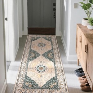 Boho Floral Washable Rug - Faux Lambskin Velvet with Non-Slip Backing for Living Room, Bedroom, Kitchen - 1 of 4