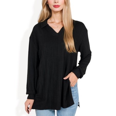 Anna-Kaci Women's Ribbed Long Sleeve V-Neck Pullover Top with Collar and Side Slits