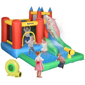 Outsunny 6-in-1 Kids Bounce House Inflatable Water Slide with Pool, Water Cannon, Climbing Wall, Jumping Castle Backyard Activity Outdoor - 1 of 4