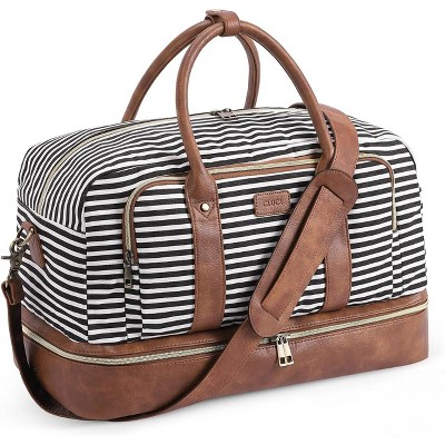 CLUCI Duffle Bag Weekender Bags for Women Canvas Anti Theft Travel Bag for Women Overnight Tote Carry On Bags with Shoe Compartment Stripes with Brown