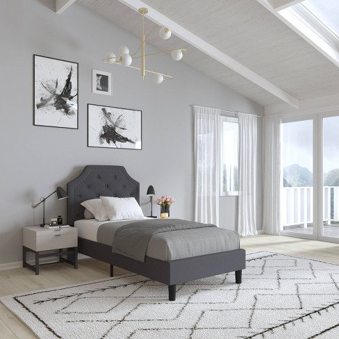GREY Fabric WingBack TWIN Size Platform Bed Frame Slats Modern Home Bedroom NEW 