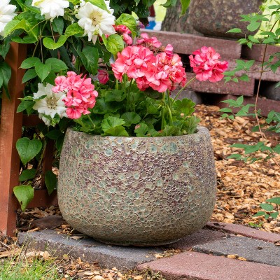 Sunnydaze 14" x 14" x 11" Round Green Lava Finish Ceramic Outdoor Planter Pot - Thumbnail 3