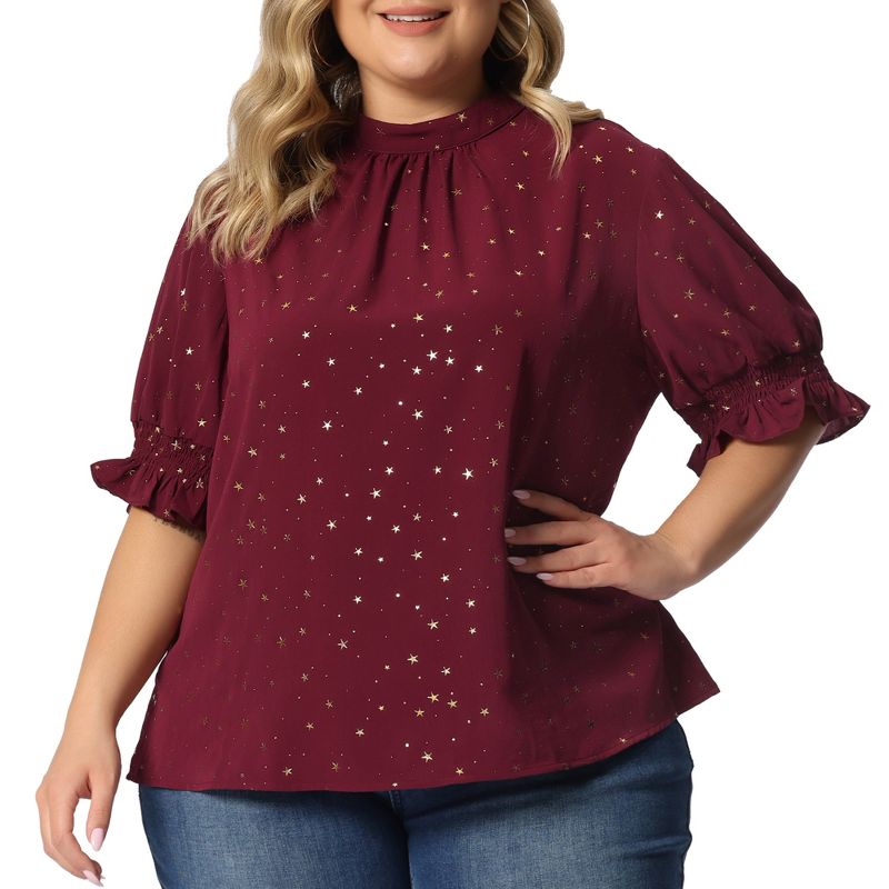 Agnes Orinda Women's Plus Size Bling Pleated Keyhole Back Star Print Puff Sleeve Blouses, 1 of 6