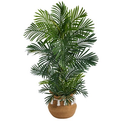 Nearly Natural 4-ft Areca Palm Tree in Boho Chic Handmade Natural Cotton Woven Planter with Tassels UV Resistant
