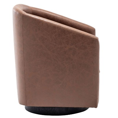 Walnut Faux Leather Swivel Barrel Chair with Metal Base