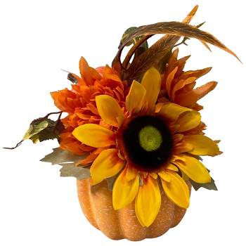 Northlight 14.75" Yellow Sunflower and Mum Filled Pumpkin Thanksgiving Decor