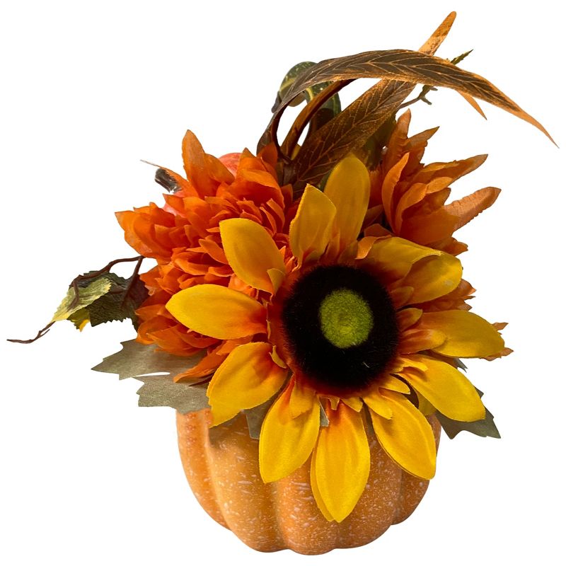 Northlight 14.75" Yellow Sunflower and Mum Filled Pumpkin Thanksgiving Decor, 1 of 4