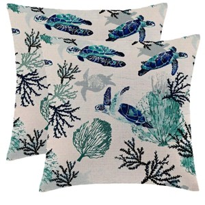 Coastal Turtle Pillow Covers 18 x 18 Inch Set of 2 Green Coral Sea Nautical Decorative Throw Pillows Beach Ocean Themed - 1 of 4
