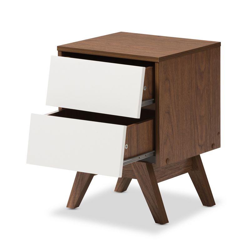 Hildon Mid - Century Modern Wood 2 - Drawer Storage Nightstand - White, "Walnut" Brown - Baxton Studio, 3 of 9
