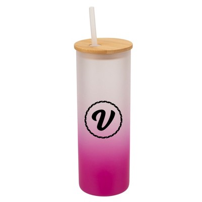 Elanze Designs V Monogram Letter Initial Rope Circle Wrap-Around Design 25 Ounce Frosted Gradient Glass On-The-Go Coffee Travel Skinny Tumbler Mug