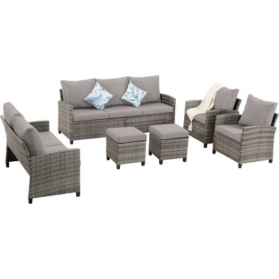 6 Piece Patio Conversation Set with Gray Wicker Sofa Chairs and Ottomans, Outdoor Sectional Furniture for Garden Balcony-Maison Boucle